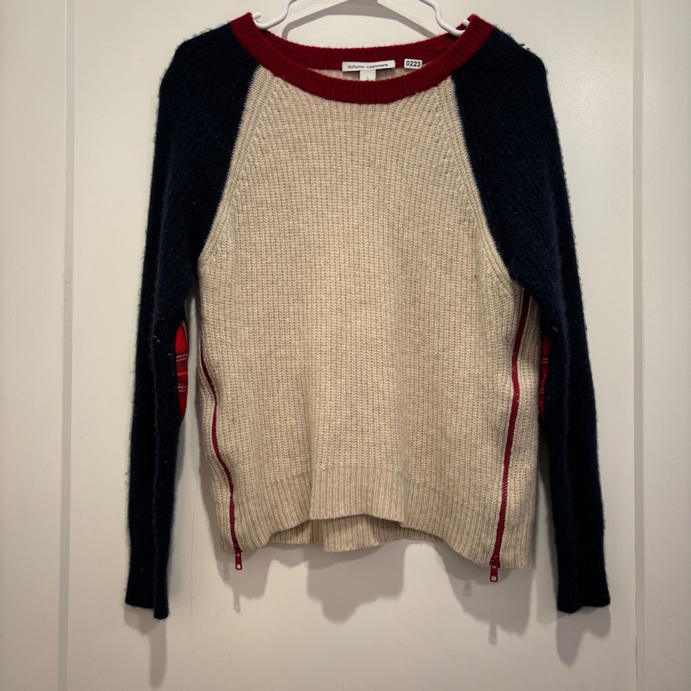 Autumn Cashmere Mens 100% Cashmere Raglan Zip Side Sweater Cream Navy Red Large